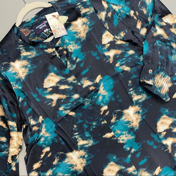 Johnny Was Silk Shirt Button Front Long Sleeve Top Shadow Voyager Tunic Medium - Picture 1 of 8